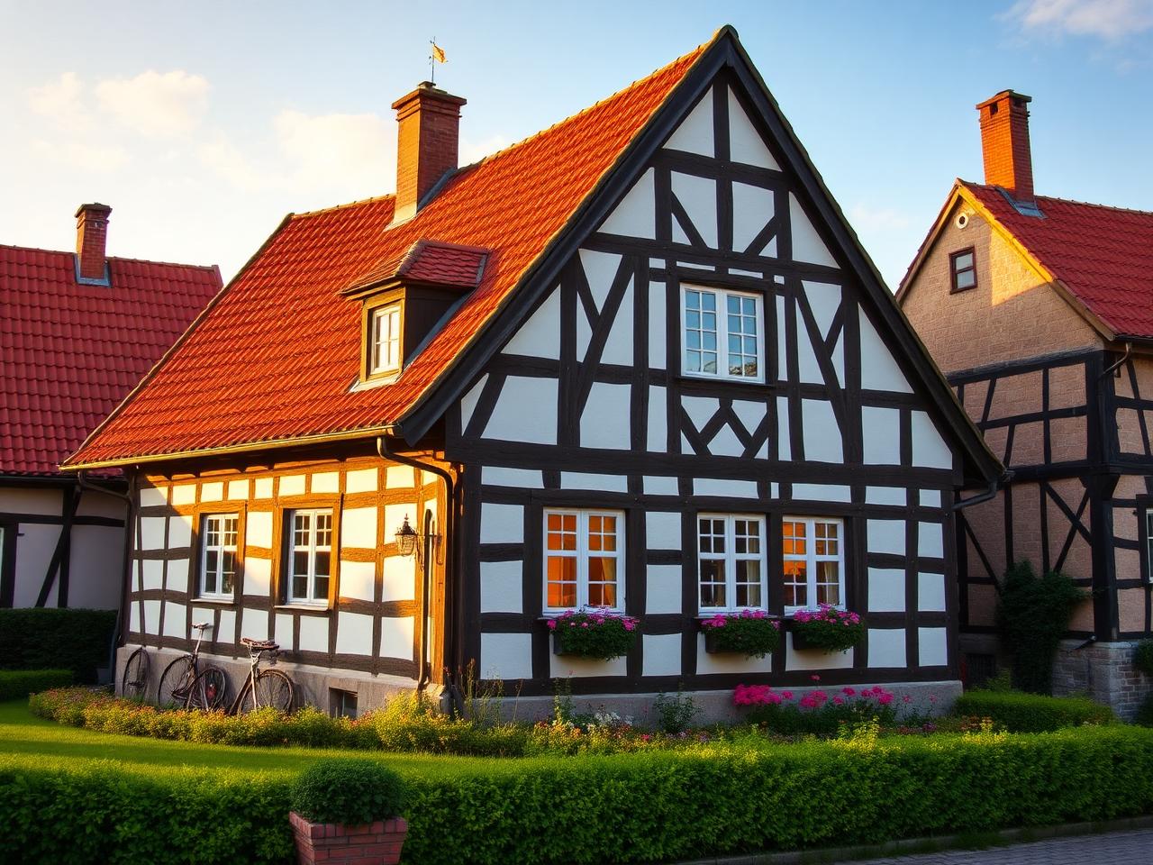 Saniertes Fachwerkhaus mit roter Ziegeldeckung